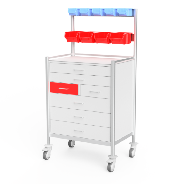 Full-sized Anaesthetic Trolley with bin storage, locked medication drawers