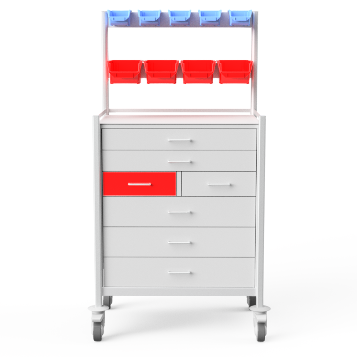 Full-sized Anaesthetic Trolley with bin storage, locked medication drawers