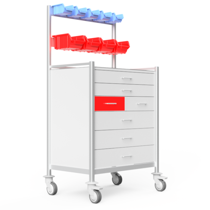 Full-sized Anaesthetic Trolley with bin storage, locked medication drawers